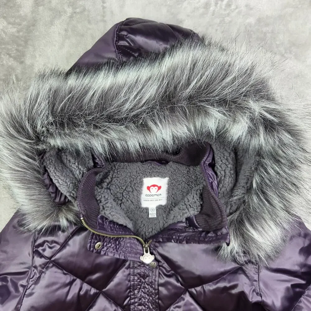 Appaman Girls 14 Purple Quilted Sloan Puffer Coat Faux Fur Hood Winter Jacket
